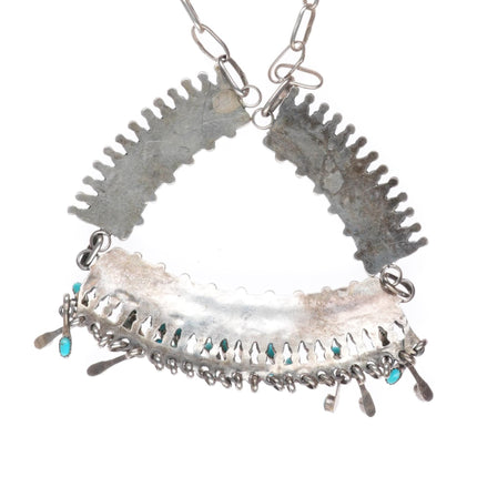 17.5" Vintage Zuni sterling silver petit point natural turquoise bib necklace