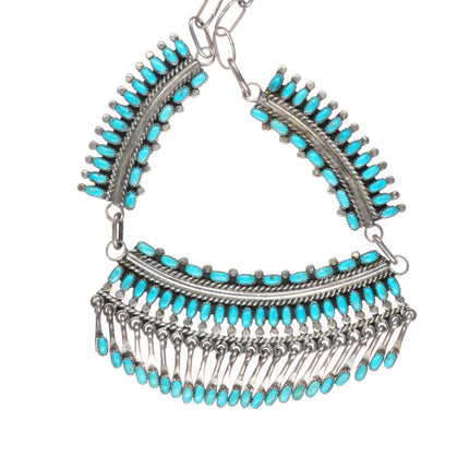 17.5" Vintage Zuni sterling silver petit point natural turquoise bib necklace