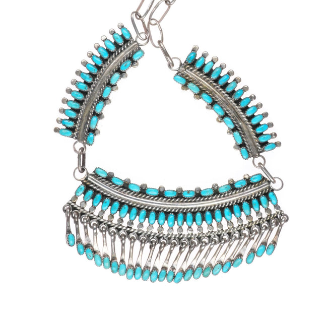 17.5" Vintage Zuni sterling silver petit point natural turquoise bib necklace