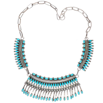 17.5" Vintage Zuni sterling silver petit point natural turquoise bib necklace