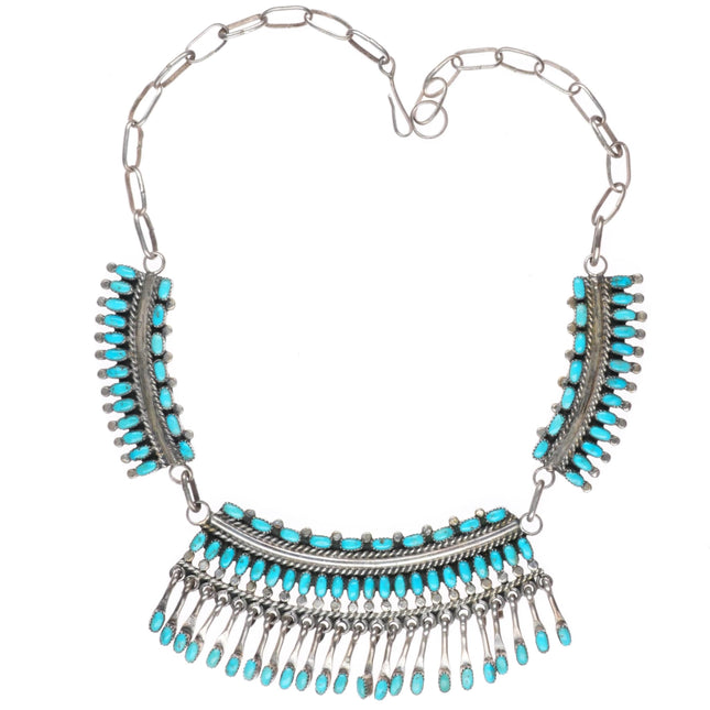 17.5" Vintage Zuni sterling silver petit point natural turquoise bib necklace