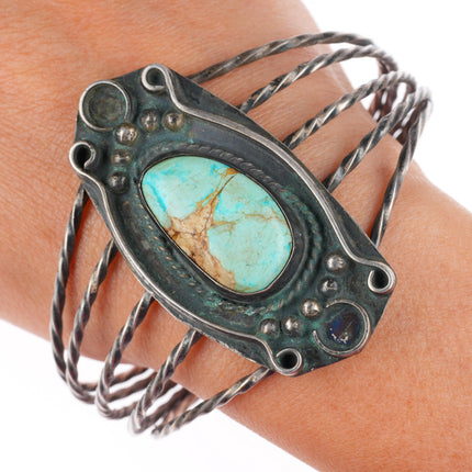 7.75" Vintage Navajo sterling silver twisted wire cuff bracelet with turquoise