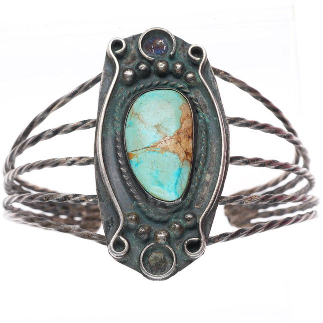 7.75" Vintage Navajo sterling silver twisted wire cuff bracelet with turquoise