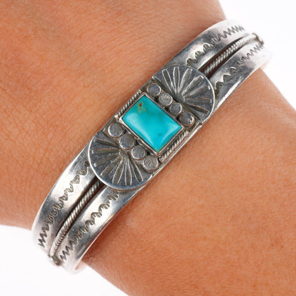 6.25" c1920-30's Navajo Ingot silver Blue Gem turquoise stamped cuff bracelet