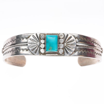 6.25" c1920-30's Navajo Ingot silver Blue Gem turquoise stamped cuff bracelet