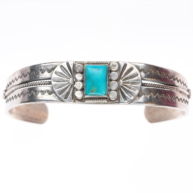 6.25" c1920-30's Navajo Ingot silver Blue Gem turquoise stamped cuff bracelet