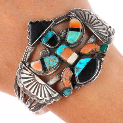 6.8" vintage Zuni spiny oyster/turquoise sterling silver knifewing cuff bracelet
