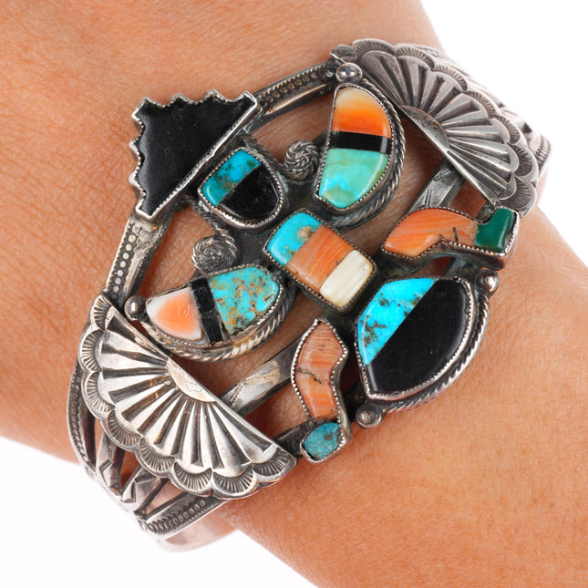 6.8" vintage Zuni spiny oyster/turquoise sterling silver knifewing cuff bracelet