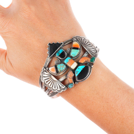 6.8" vintage Zuni spiny oyster/turquoise sterling silver knifewing cuff bracelet