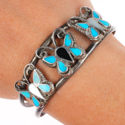 6" vintage Zuni sterling silver turquoise, jet, shell butterfly cuff bracelet