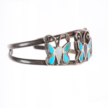 6" vintage Zuni sterling silver turquoise, jet, shell butterfly cuff bracelet