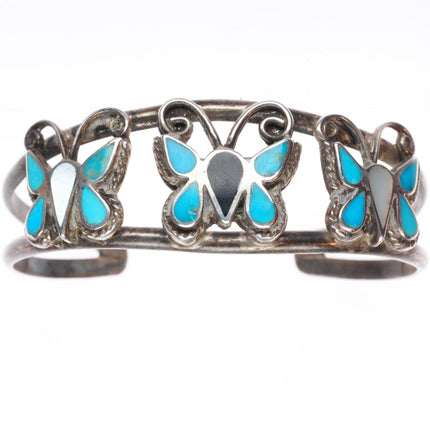6" vintage Zuni sterling silver turquoise, jet, shell butterfly cuff bracelet
