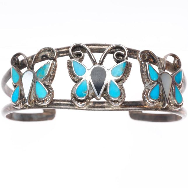 6" vintage Zuni sterling silver turquoise, jet, shell butterfly cuff bracelet