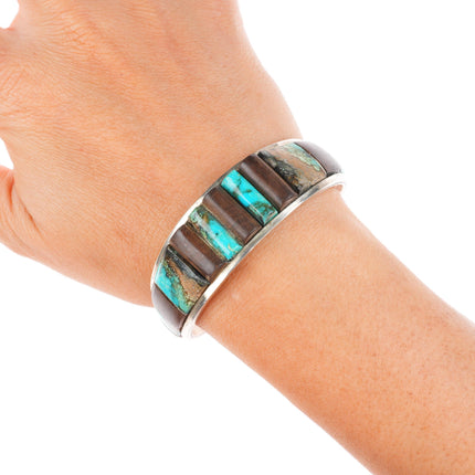 6.5" Vintage Native American sterling silver turquoise/ironwood cuff bracelet