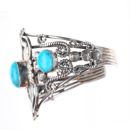6.7" vintage Navajo sterling silver turquoise wirework cuff bracelet