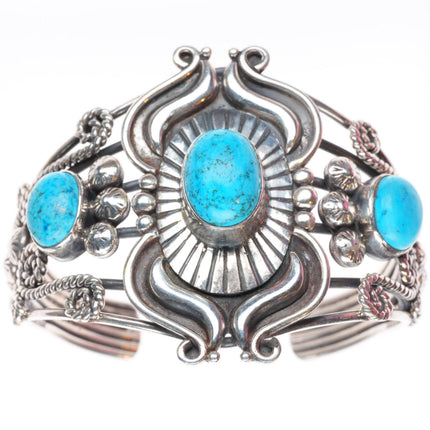 6.7" vintage Navajo sterling silver turquoise wirework cuff bracelet