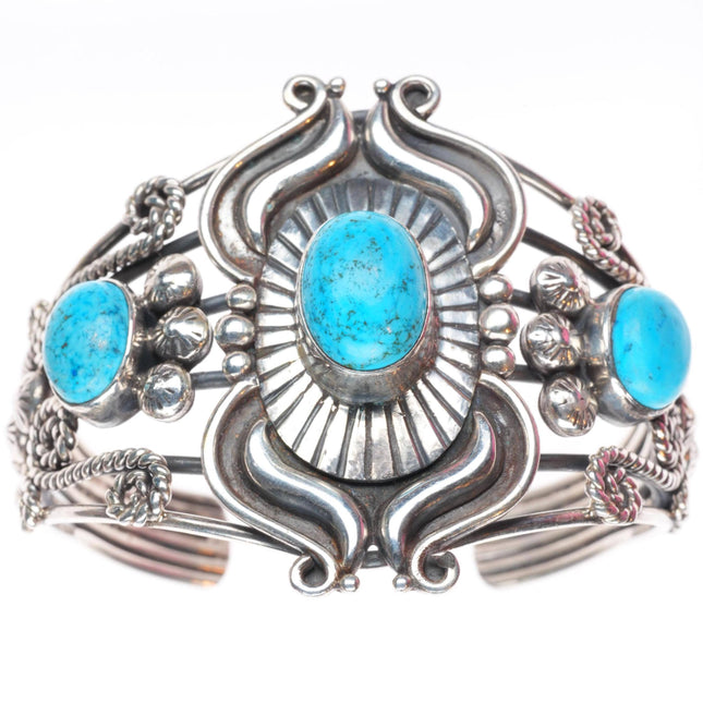 6.7" vintage Navajo sterling silver turquoise wirework cuff bracelet