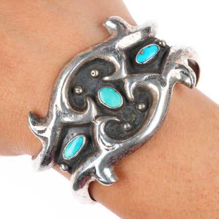 5.8" c1950 vintage Navajo cast sterling silver cuff bracelet with turquoise