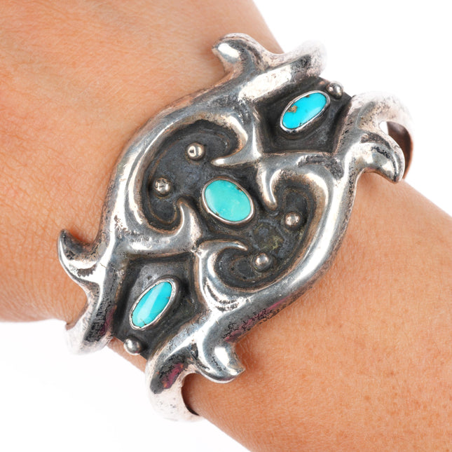 5.8" c1950 vintage Navajo cast sterling silver cuff bracelet with turquoise