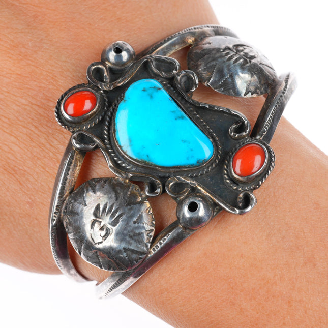 6.6" vintage Navajo sterling silver turquoise and coral cuff bracelet