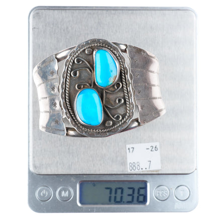 7" vintage Navajo sterling silver turquoise stamped sides cuff bracelet