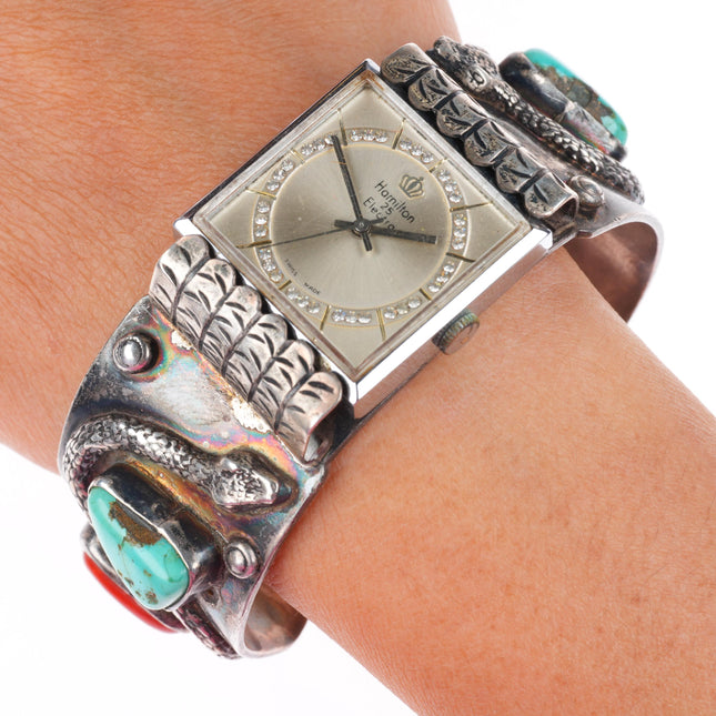 6.9" vintage Zuni sterling silver turquoise and coral watch cuff bracelet