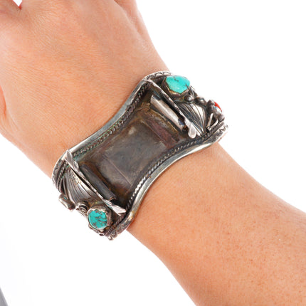 7" Robert Kelly Navajo sterling silver turquoise/coral watch cuff bracelet