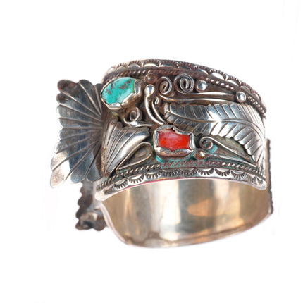 7" Robert Kelly Navajo sterling silver turquoise/coral watch cuff bracelet