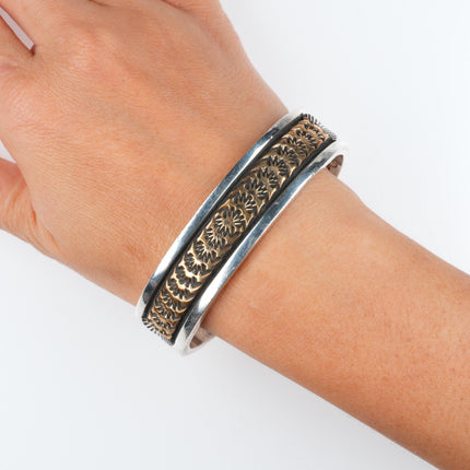 7.25" Darin Bill Navajo sterling silver gold filled heavy stamped cuff bracelet
