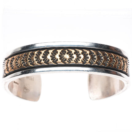 7.25" Darin Bill Navajo sterling silver gold filled heavy stamped cuff bracelet