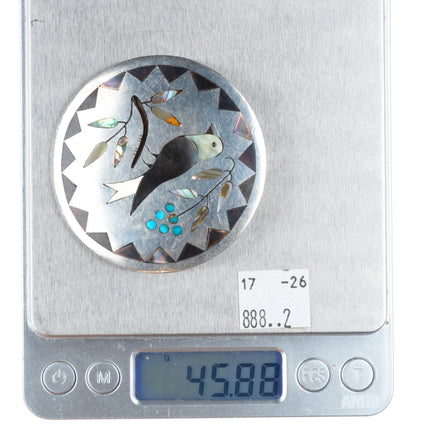 large Judy Wallace Zuni sterling silver Blue Gem turquoise bird inlay pendant