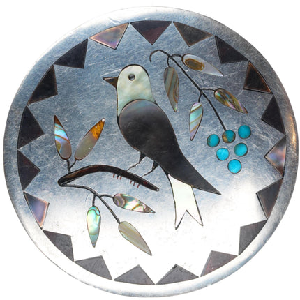 large Judy Wallace Zuni sterling silver Blue Gem turquoise bird inlay pendant