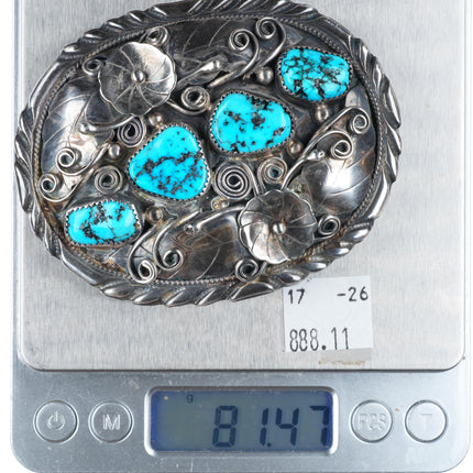 1.75" Fred James Navajo sterling silver turquoise belt buckle with turquoise