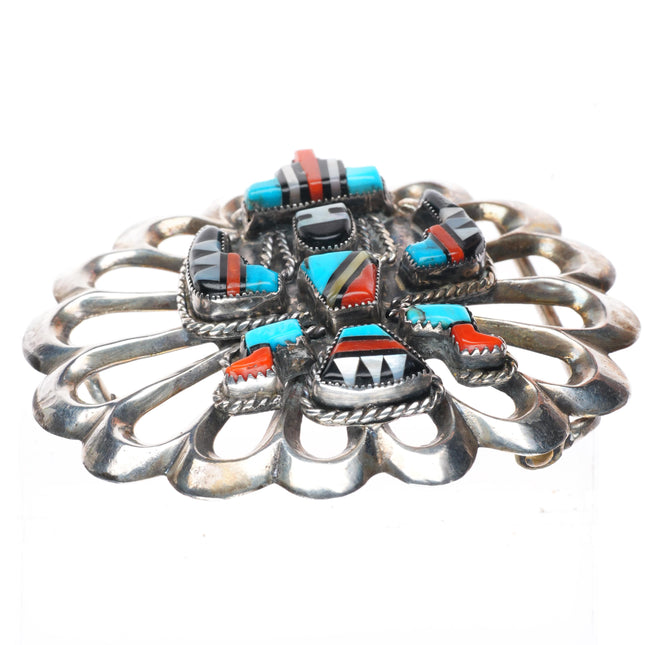 1.75" vintage Zuni sterling silver knifewing inlay belt buckle turquoise/coral