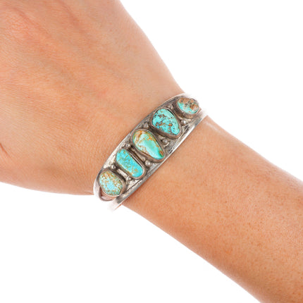 6.2" c1950 vintage Navajo sterling silver row cuff bracelet with nice turquoise