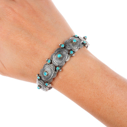 6.5" c1920-30's Navajo ingot silver conchos snake eye turquoise cuff bracelet