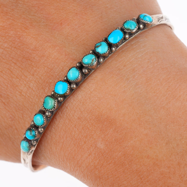 6.5" 1930's Zuni sterling silver stacker snake eye turquoise row cuff bracelet