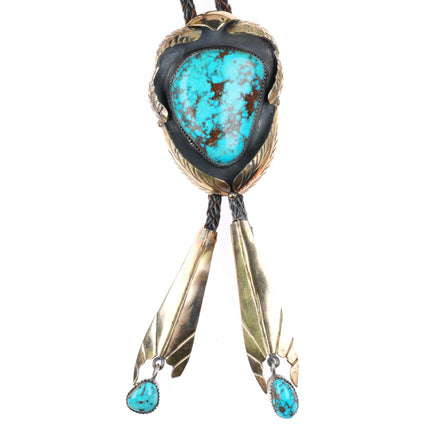 c1960 c-31 14k gold on Sterling silver large bolo tie with nice turquoise