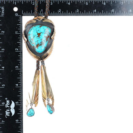 c1960 c-31 14k gold on Sterling silver large bolo tie with nice turquoise