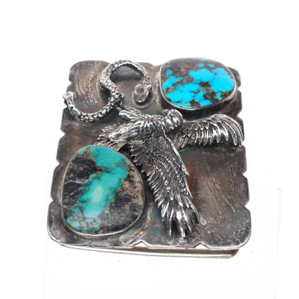 2" Heavy vintage Navajo sterling silver eagle and snake turquoise belt buckle