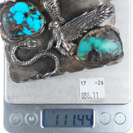2" Heavy vintage Navajo sterling silver eagle and snake turquoise belt buckle