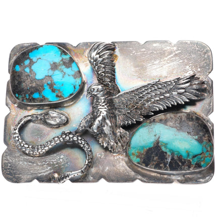2" Heavy vintage Navajo sterling silver eagle and snake turquoise belt buckle