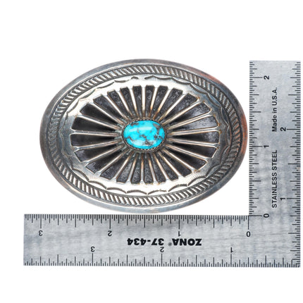 1.5" vintage deep stamped Navajo sterling silver belt buckle with nice turquoise