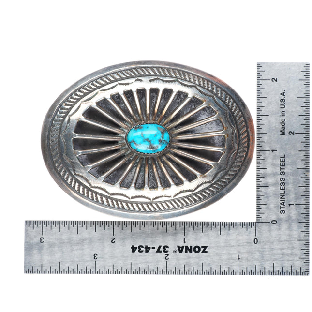 1.5" vintage deep stamped Navajo sterling silver belt buckle with nice turquoise