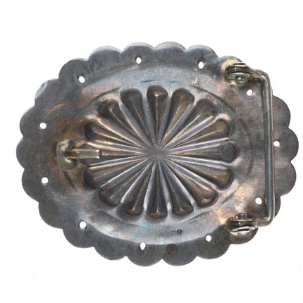 1.5" vintage Navajo deep stamped sterling silver concho belt buckle w/turquoise