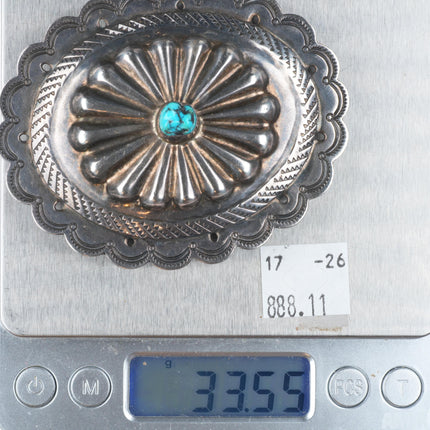 1.5" vintage Navajo deep stamped sterling silver concho belt buckle w/turquoise