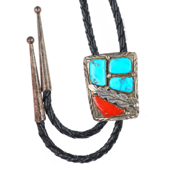 Marvelyne Cheama Zuni sterling silver turquoise and coral vintage bolo tie