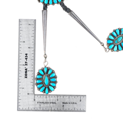 Big vintage Zuni natural turquoise cluster sterling silver bolo tie fancy tips