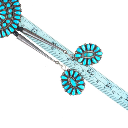 Big vintage Zuni natural turquoise cluster sterling silver bolo tie fancy tips