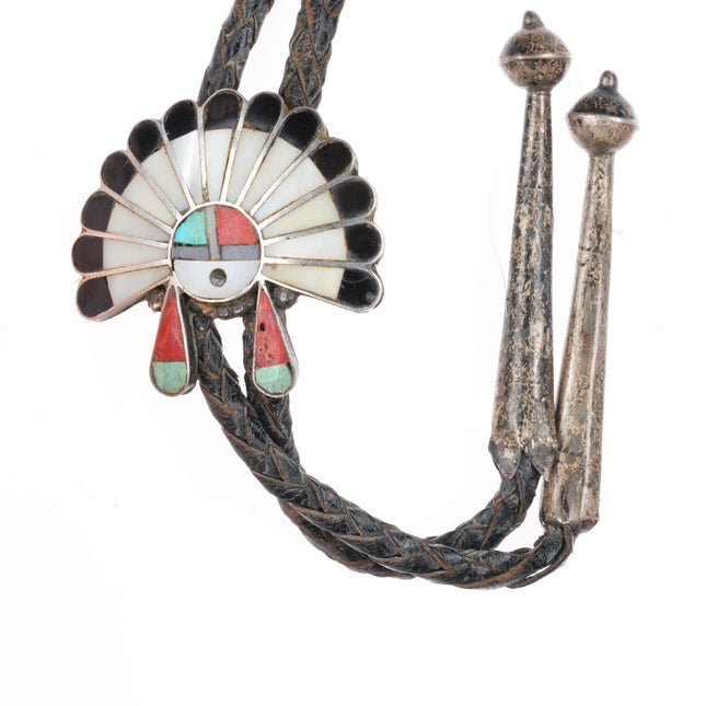 c1950 vintage Zuni sterling silver sunface "Indian Chief" inlay bolo tie